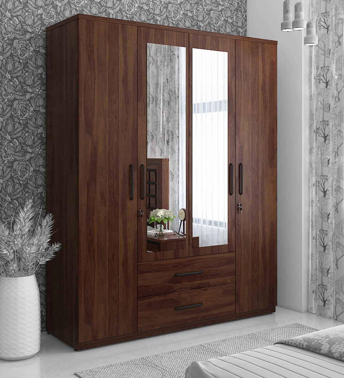 Buy Kosmo Lauren 4 Door Wardrobe In Sheesham Woodpore Finish With Mirror Online 4 Door