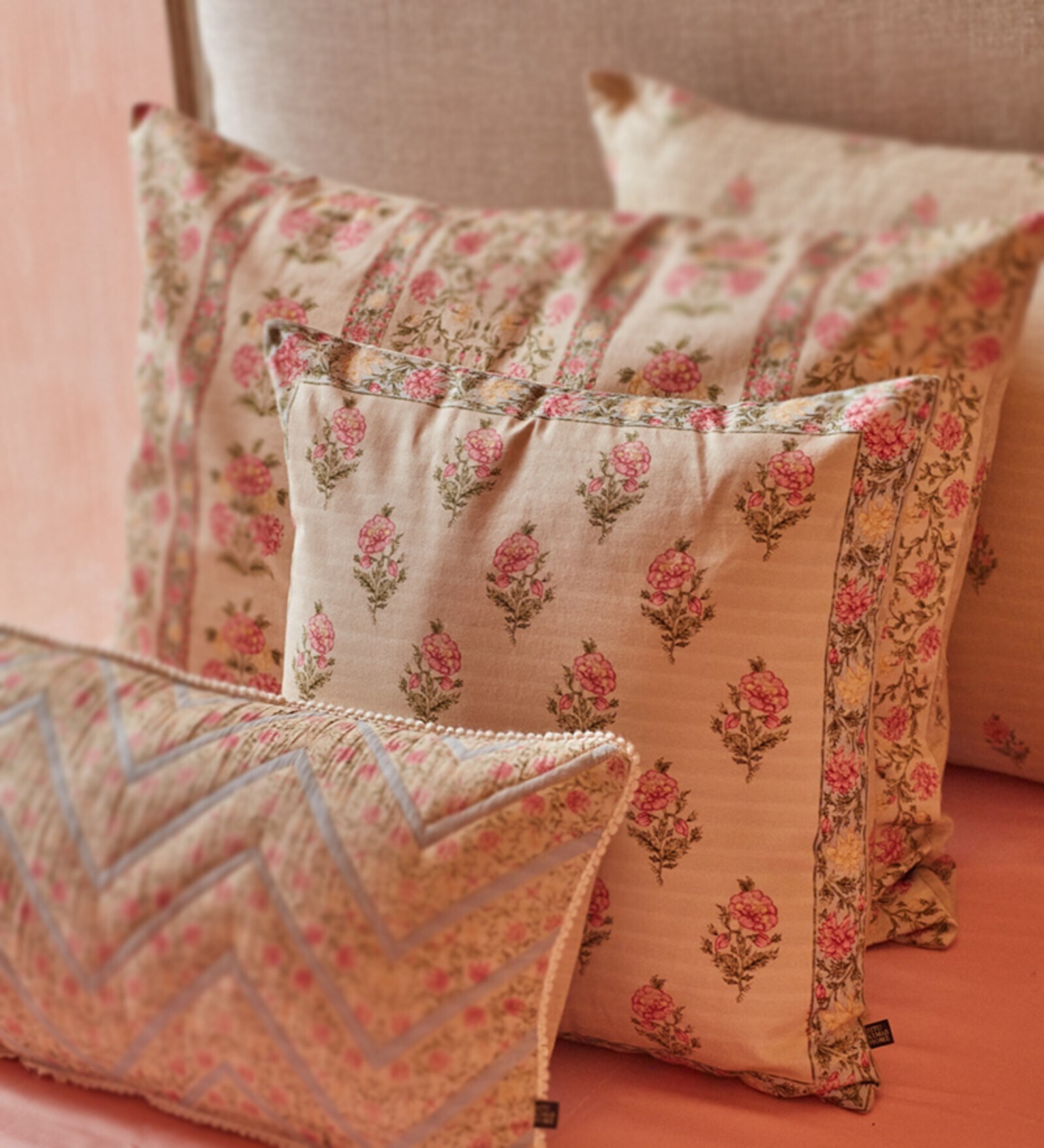 Buy Koshambi Pink & Beige Cotton Satin Cushion Cover with Filler by