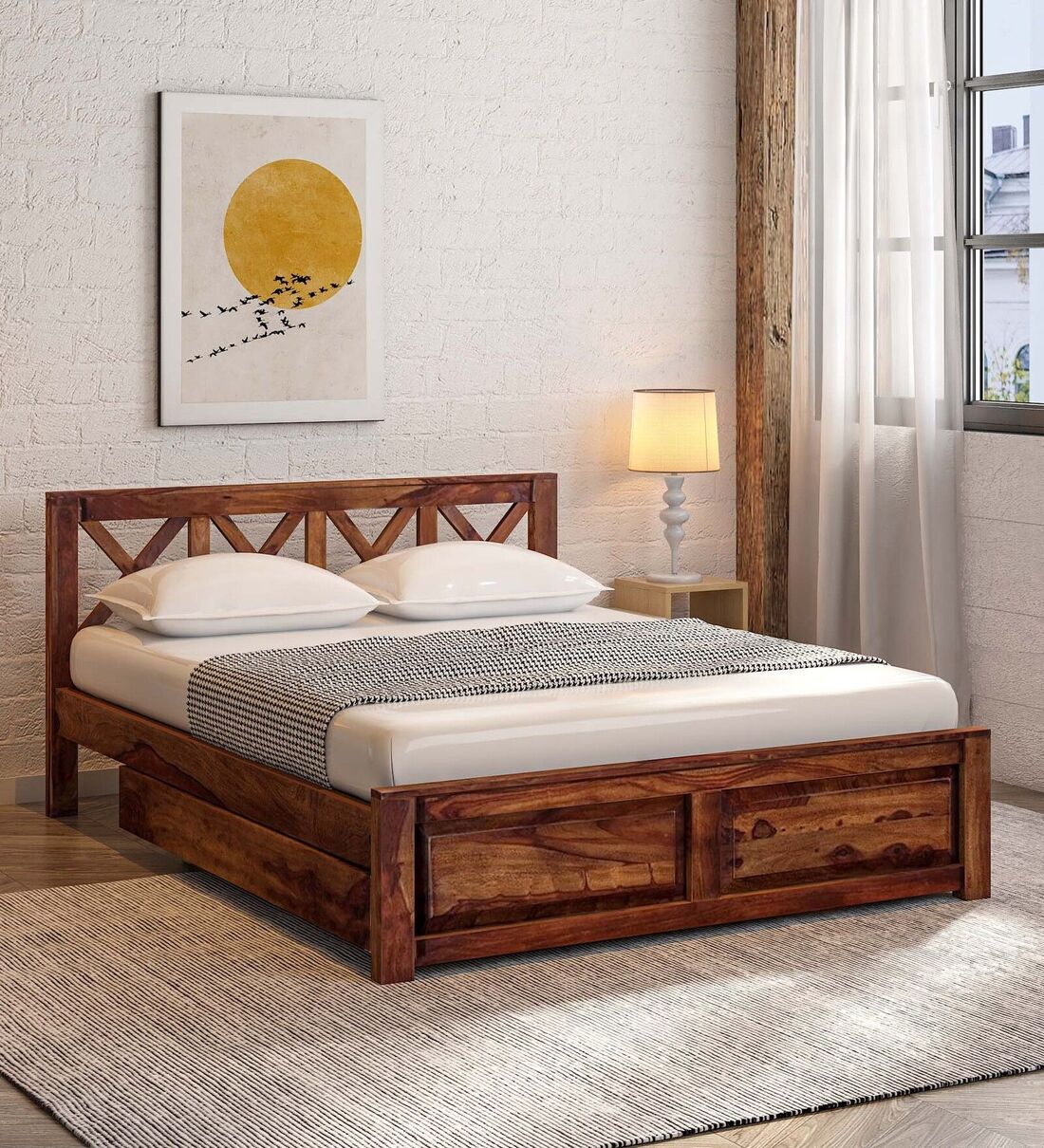 Buy Kryss Sheesham Wood Queen Size Bed In Provincial Teak Finish With
