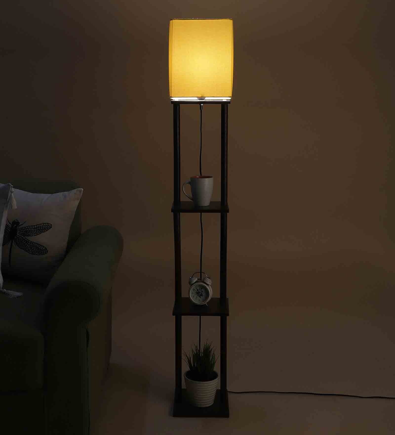 Buy Modern Yellow Cotton Shade Shelf Floor Lamp With Wood Base By
