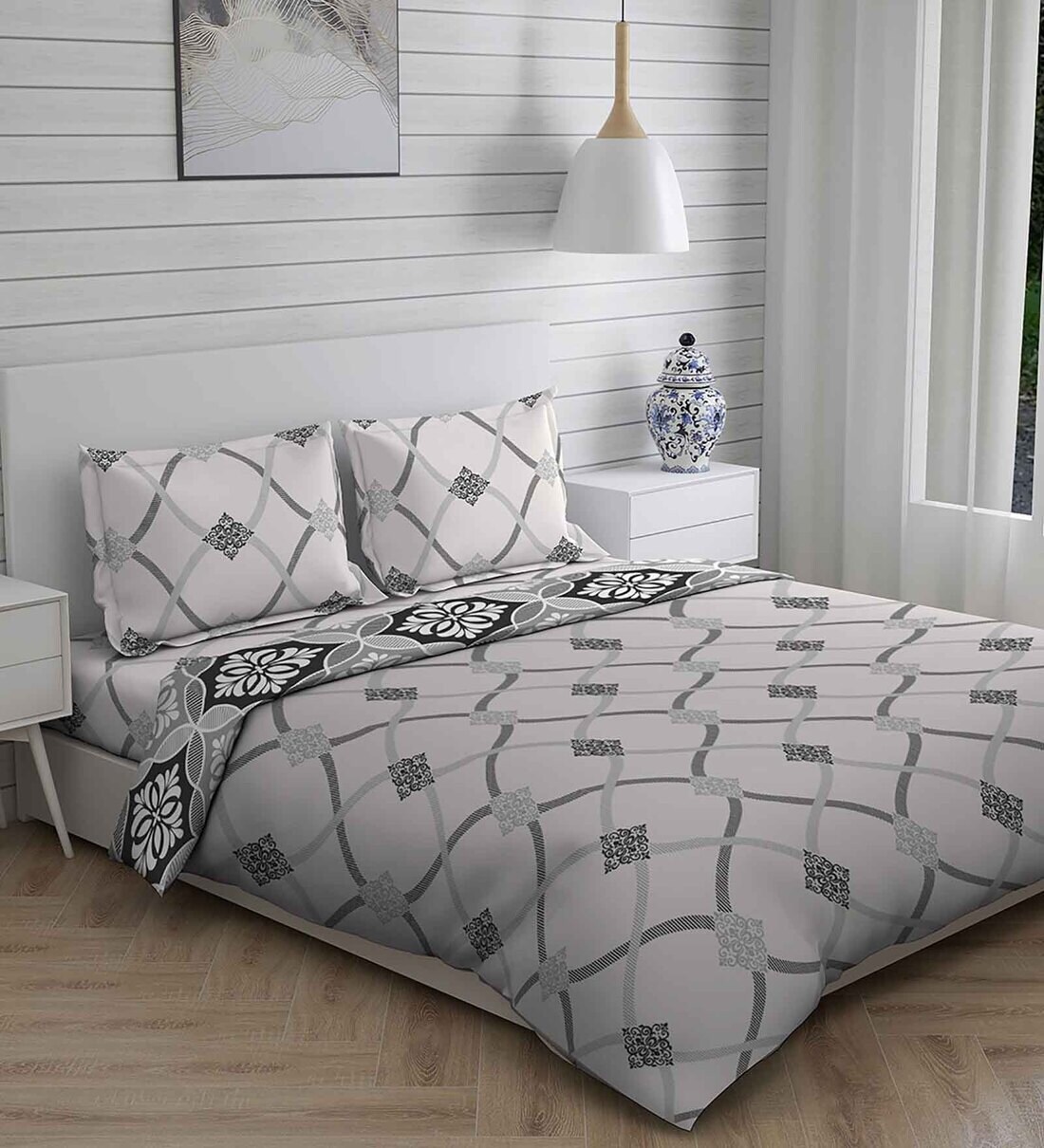 Buy Light Grey Patterned 144 TC Cotton (Set of 4) Double Bed Bedding