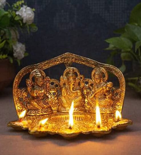 Lord Lakshmi, Ganesha & Saraswati idol with attached Metal Diya Stand (Gold)