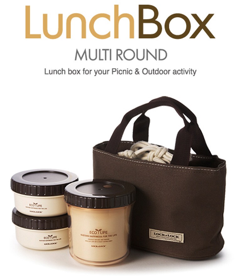 Lock & Lock Bento Multi Round Lunch Box Set With 3 Containers & Big Bag
