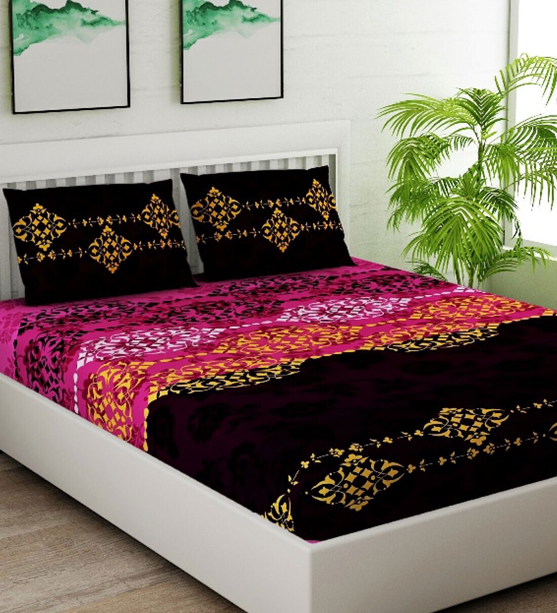 Buy Magenta Traditional 120 TC Cotton King Sized Bed Sheets with 2