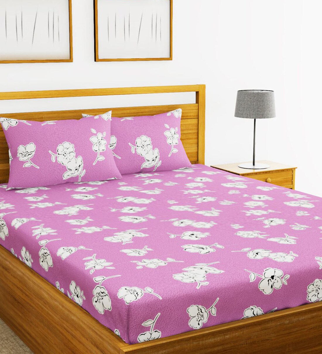 Buy Magenta Floral 152 TC Microfiber King Sized Bed Sheets with 2
