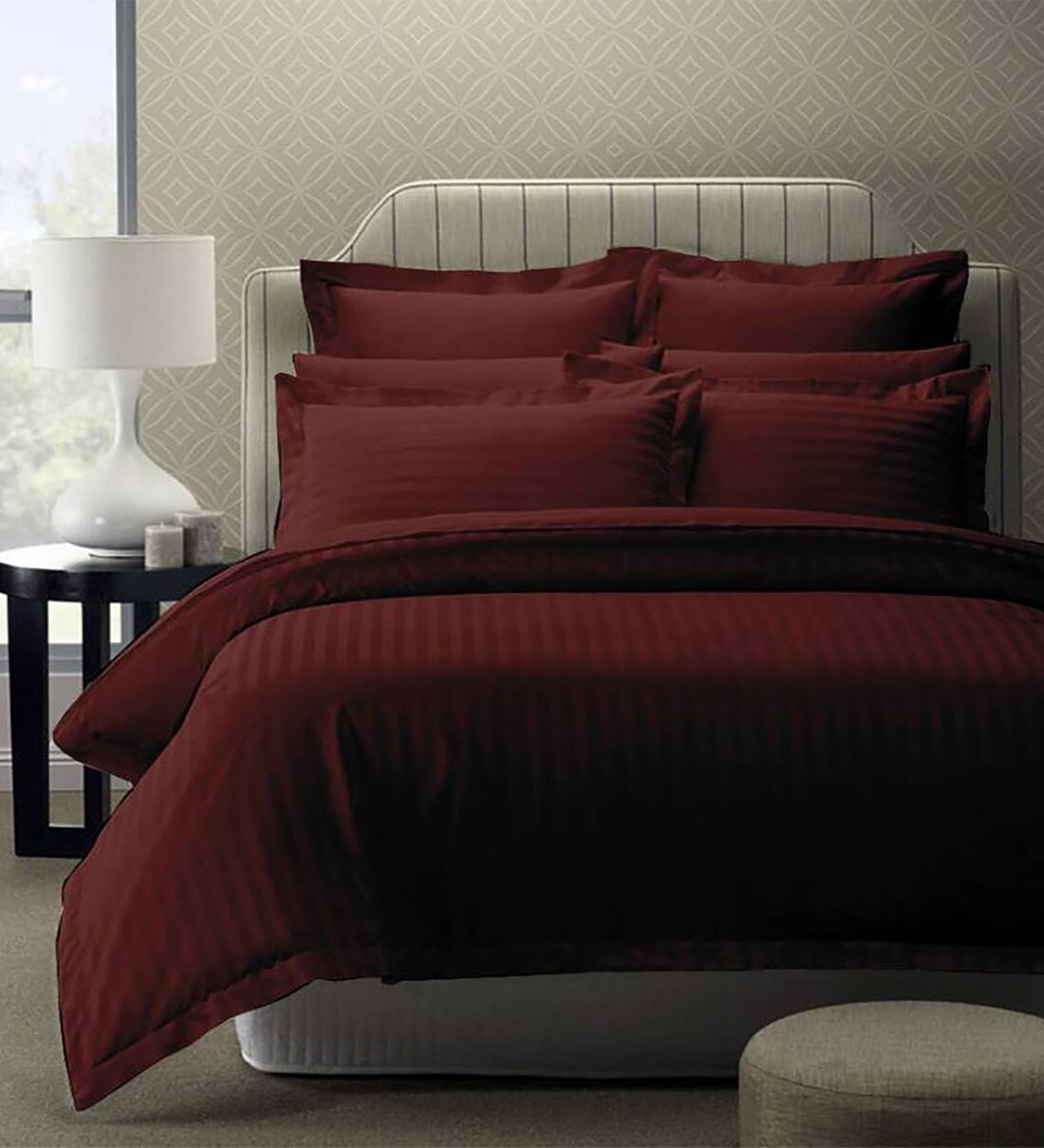 Buy Maroon Striped 220 TC Cotton Blend King Sized Bed Sheets with 2