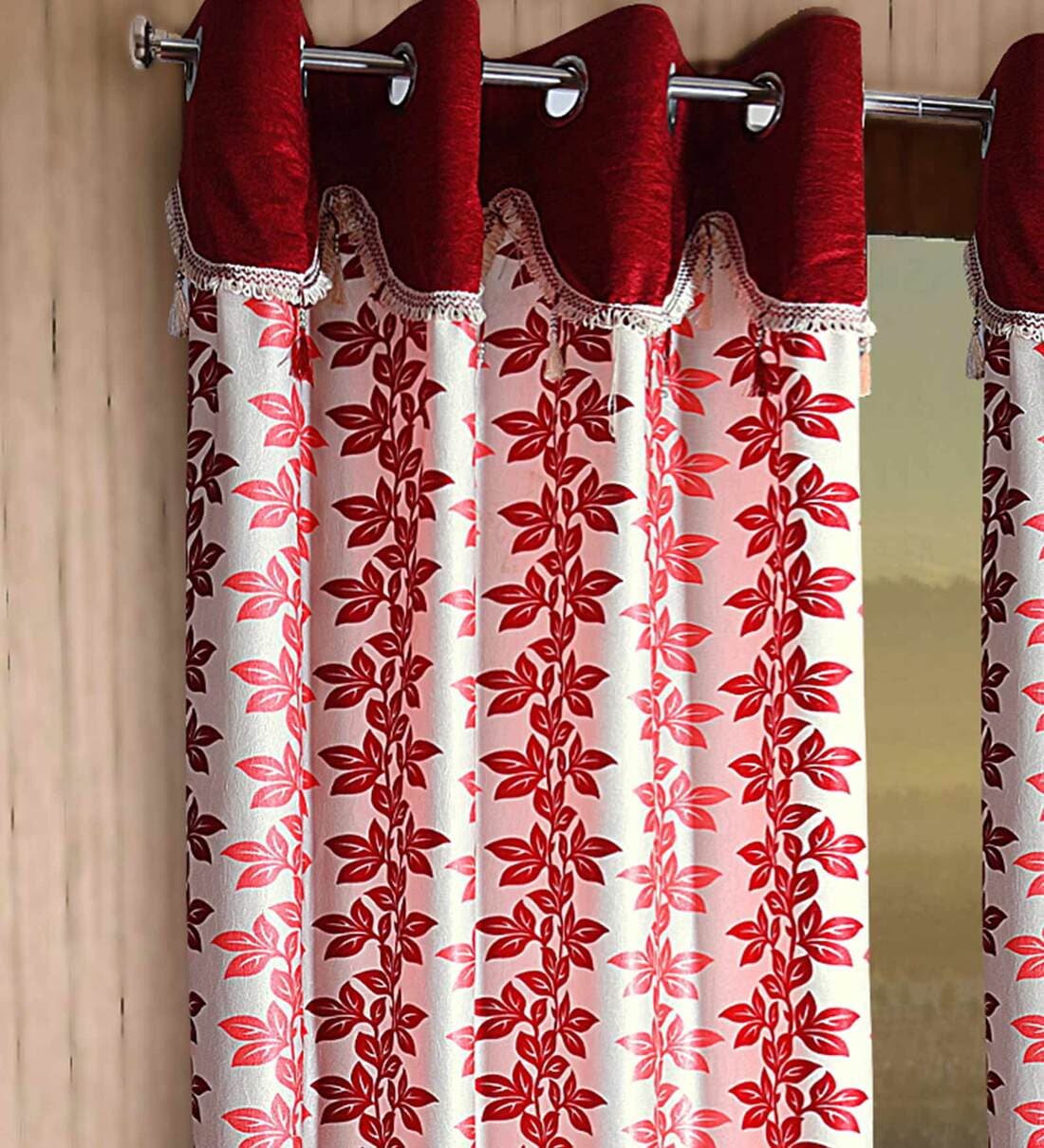 Buy Maroon Floral Polyester 5 Ft Semisheer Eyelet Window Curtains (Set of 2) by Cortina Online