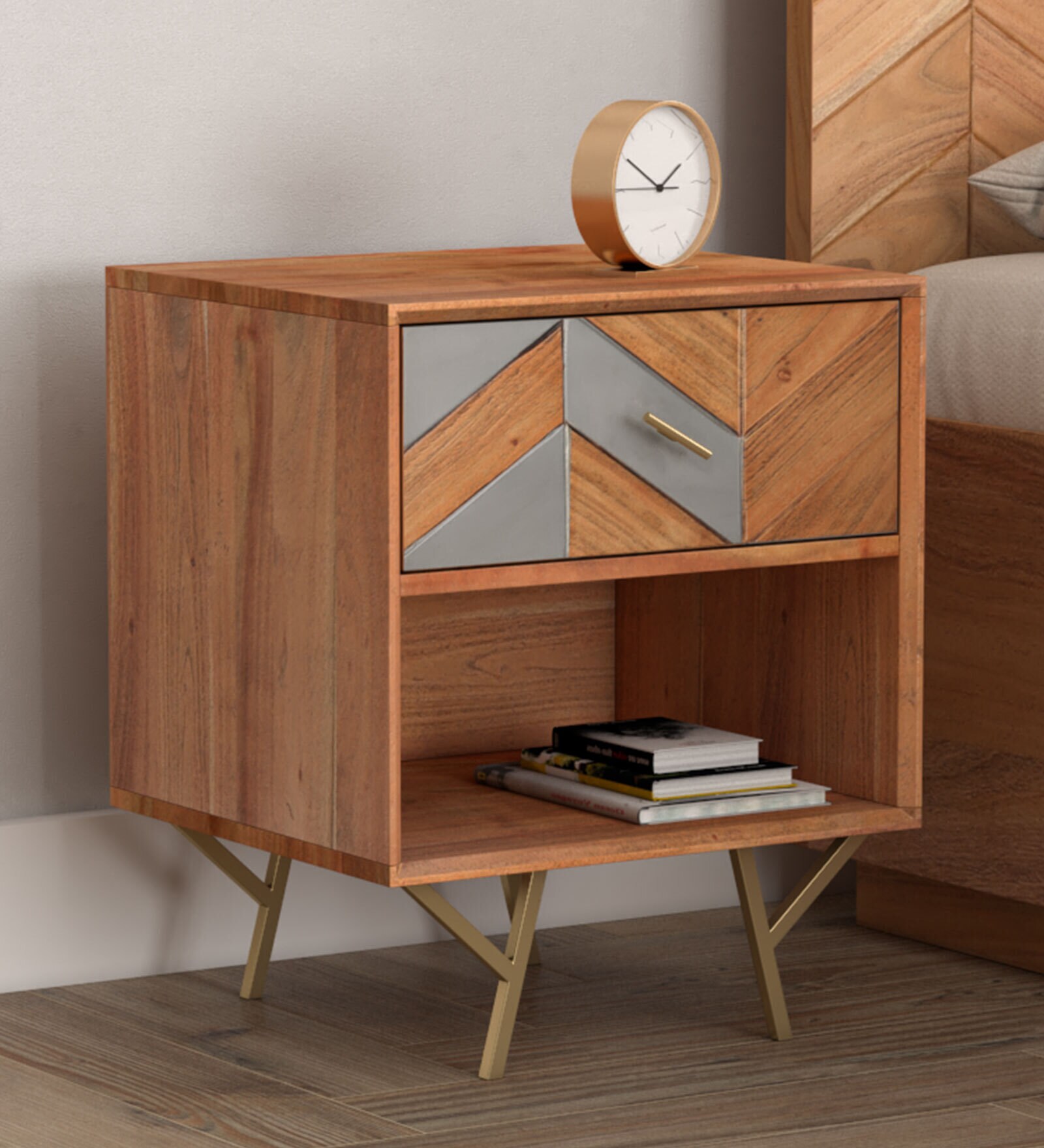 Buy Mazi Solid Wood Bedside Table in Natural Finish with Drawer Online
