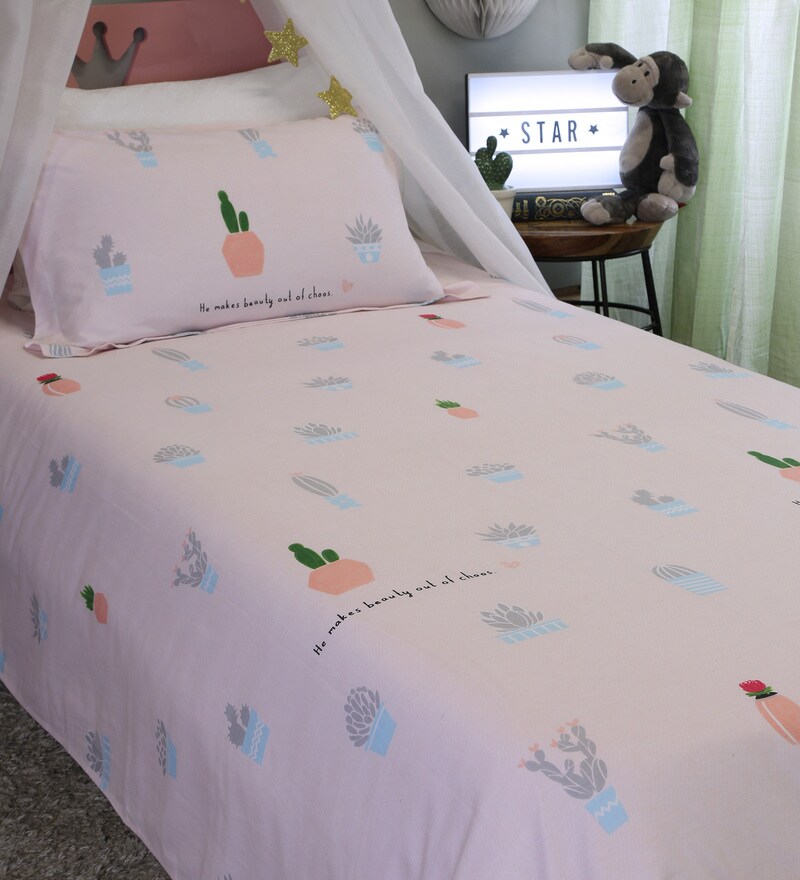 Buy White Cotton Single Size Girl Hangout Kids Bedsheet Set Of 2