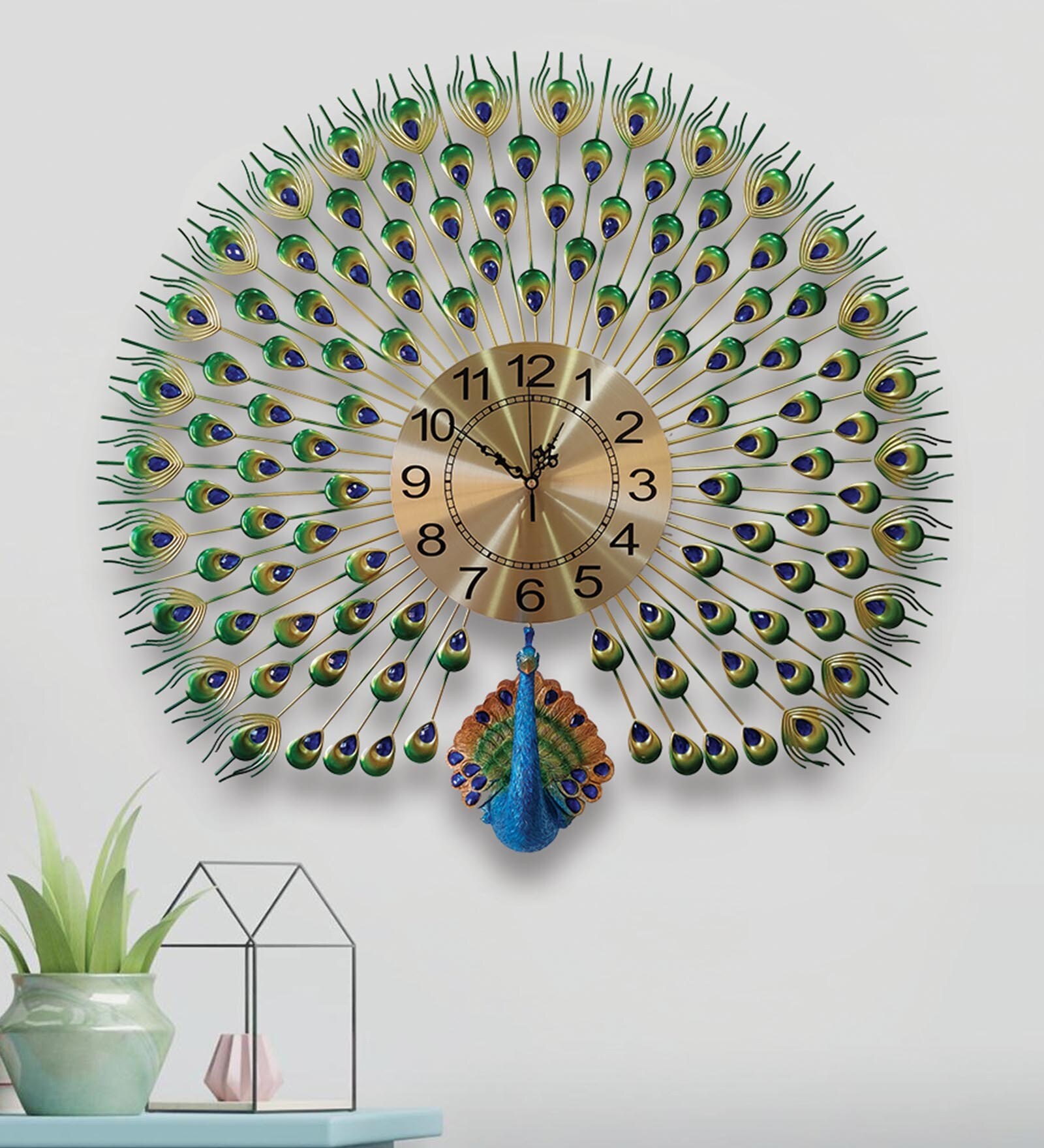 Buy Blue Metal Peacock Wall Clock by FunkyDecors Pepperfry