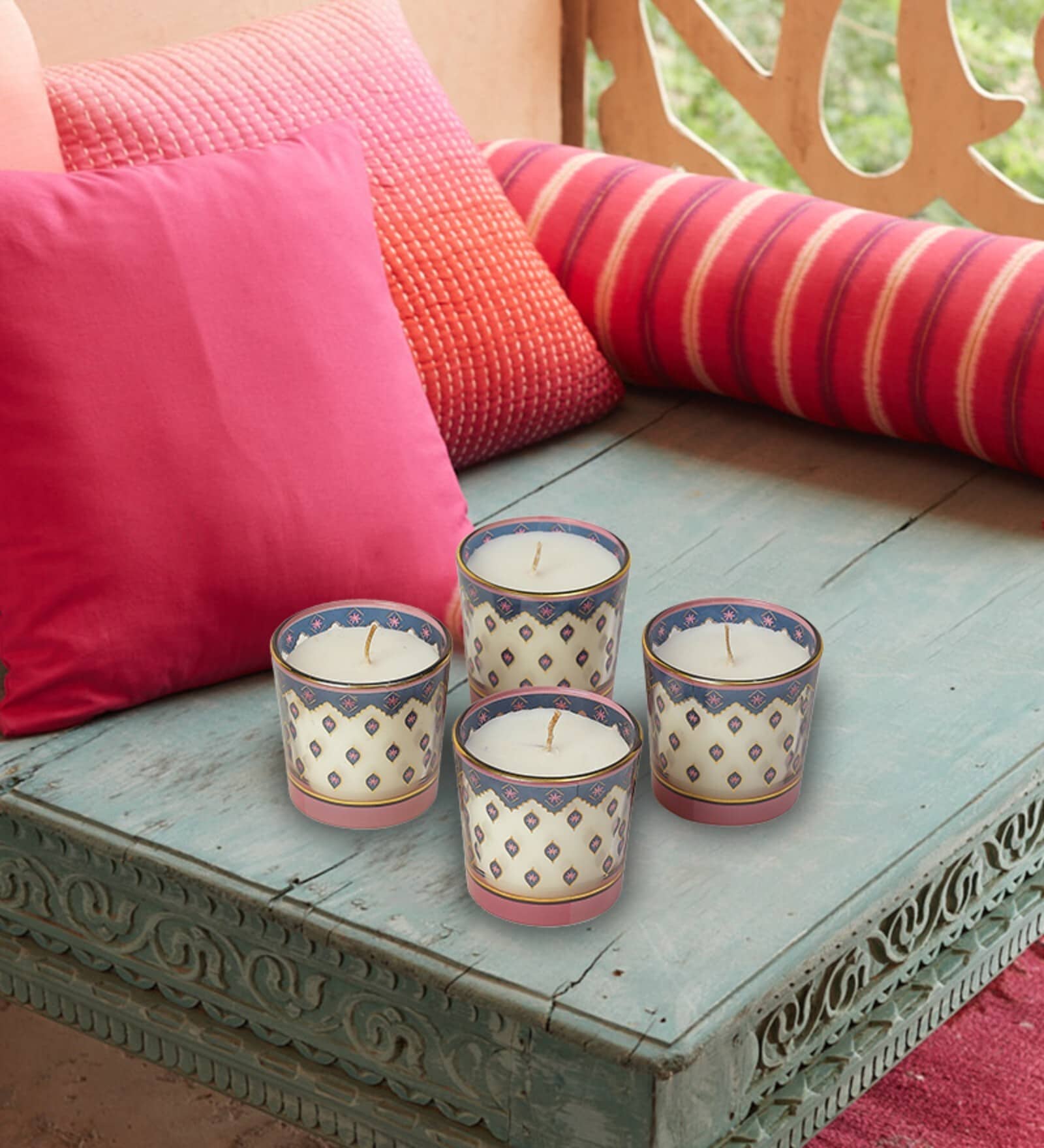 Buy Minar Beige & Pink (Set of 4) Glass Votives Candles by Ritu Kumar Home Online Scented