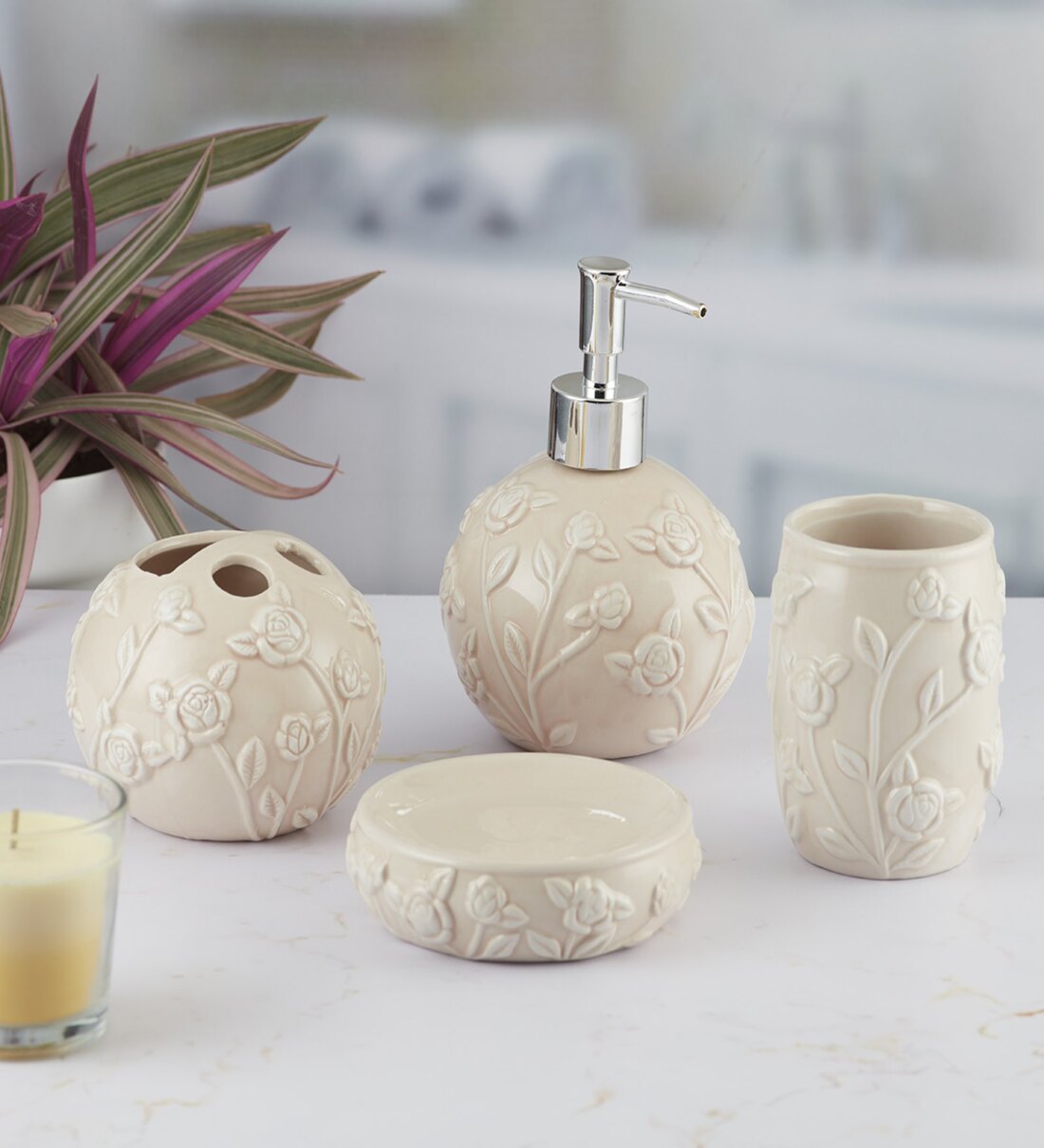 Buy Modern Cream Ceramic Set of 4 Bath Accessories Set by Kookee at 100 ...