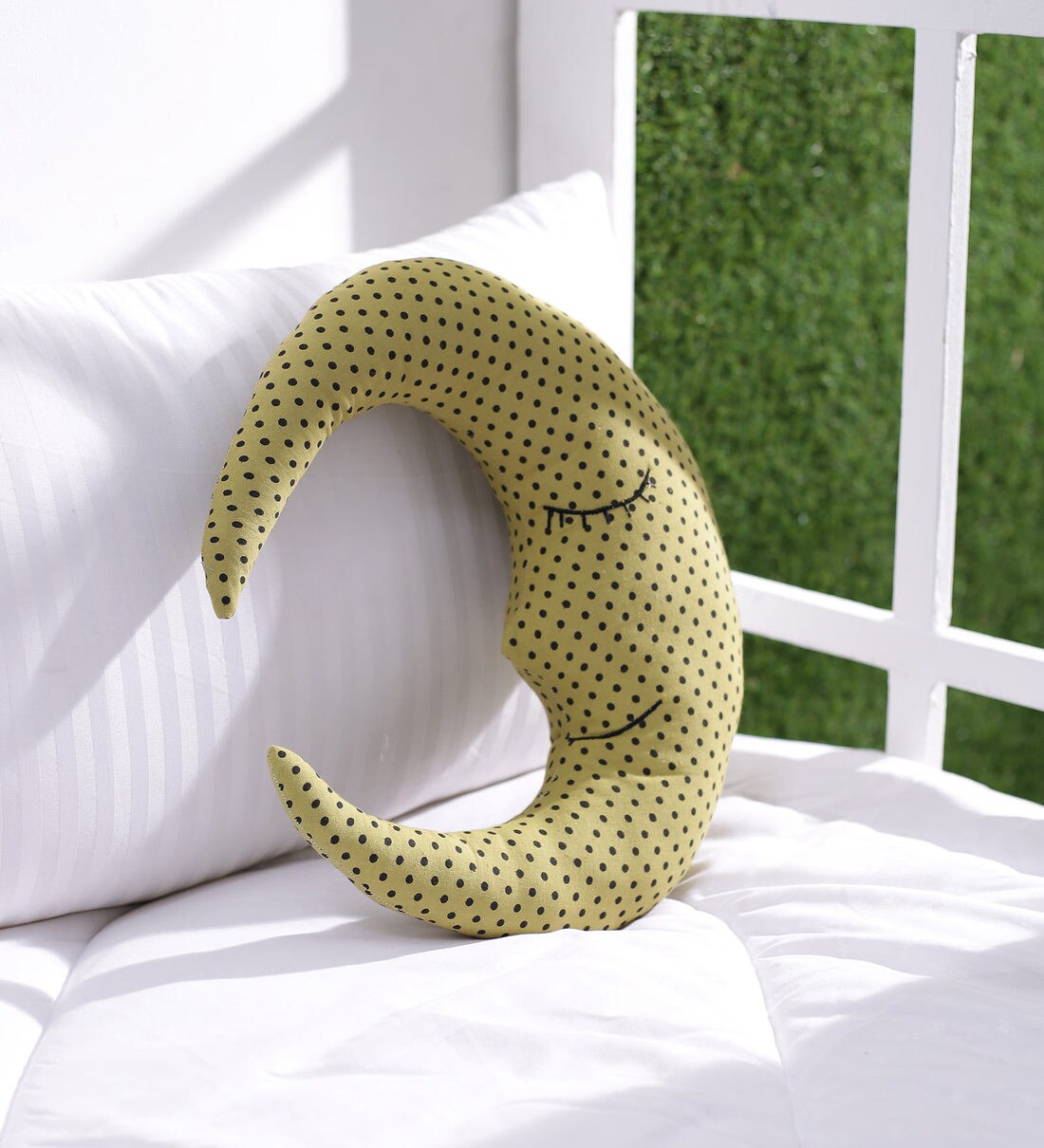 Buy Green Cotton Moon Shaped Cushion by Oscar home at 36 OFF by Oscar