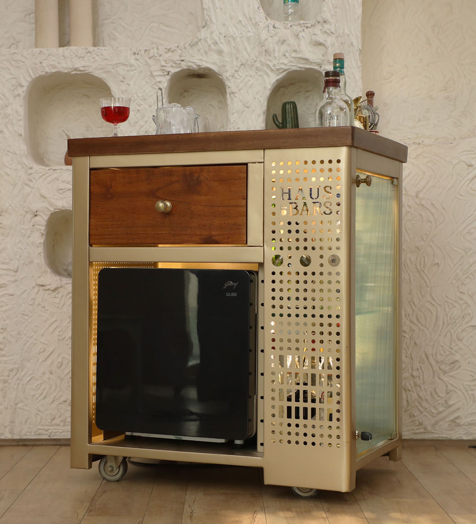 Buy Model X Home Bar in Matte Gold Finish with Built In 30L Fridge