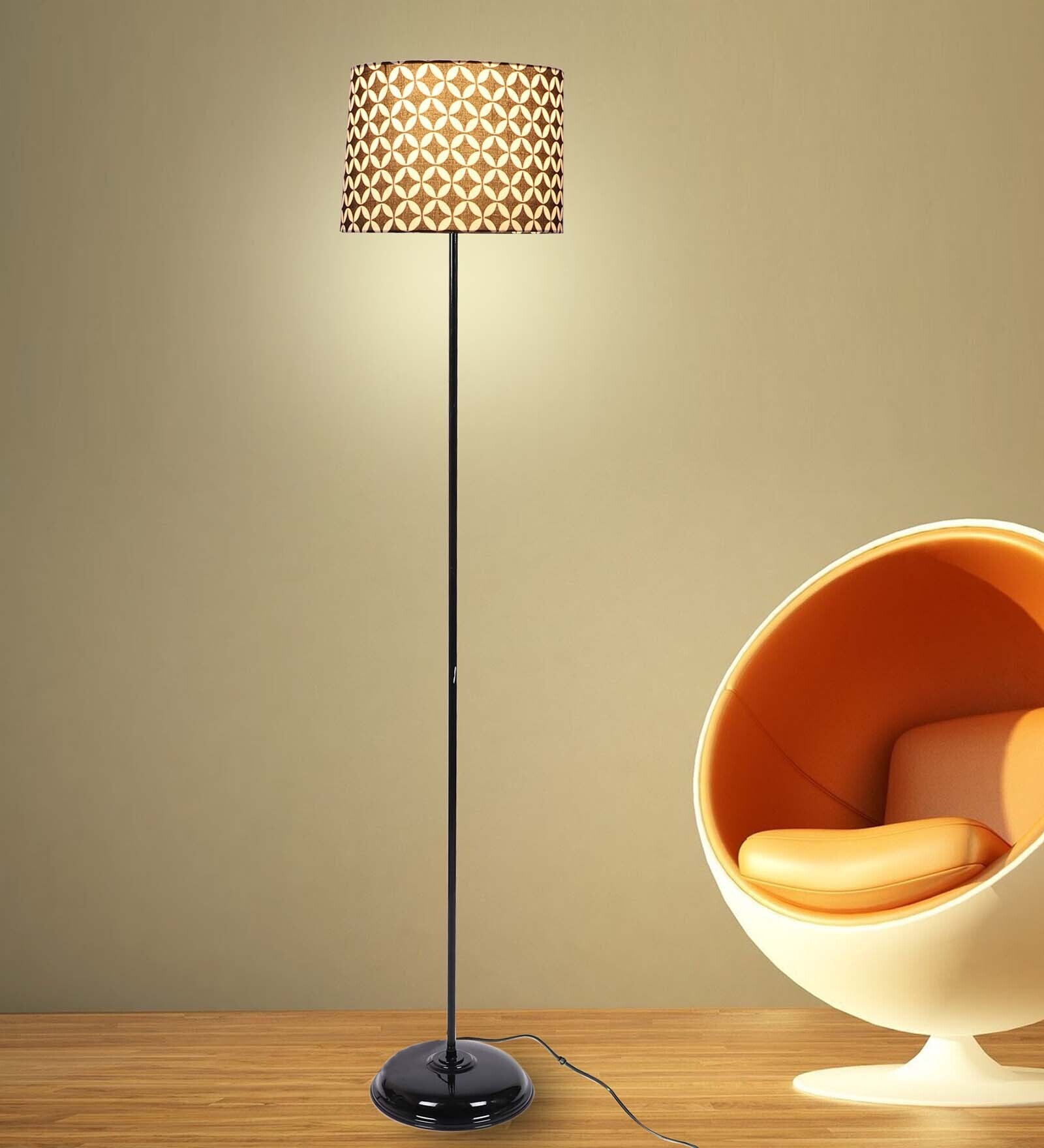 Buy Modern Black metal Floor Lamp with Geometric Print Shade by Tu Casa