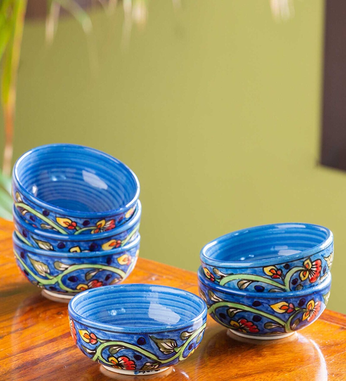 Buy Mughal Gardens 220ml Blue Ceramic (Set of 6) Dinner Bowl Online