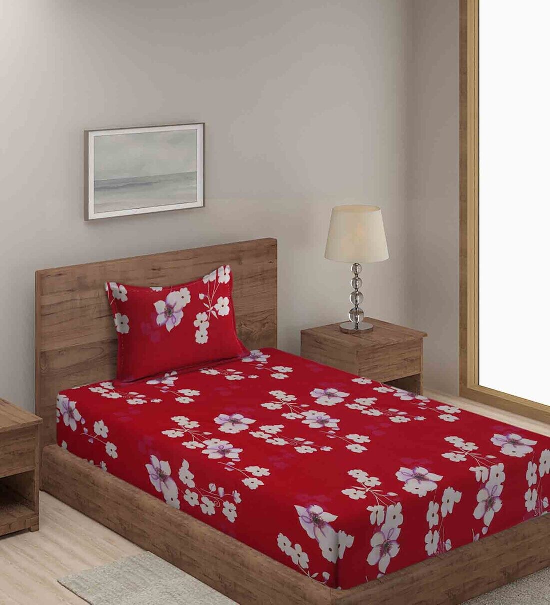 Buy Red Floral 280 TC Cotton Blend Single Bed Sized Bed Sheets With 1