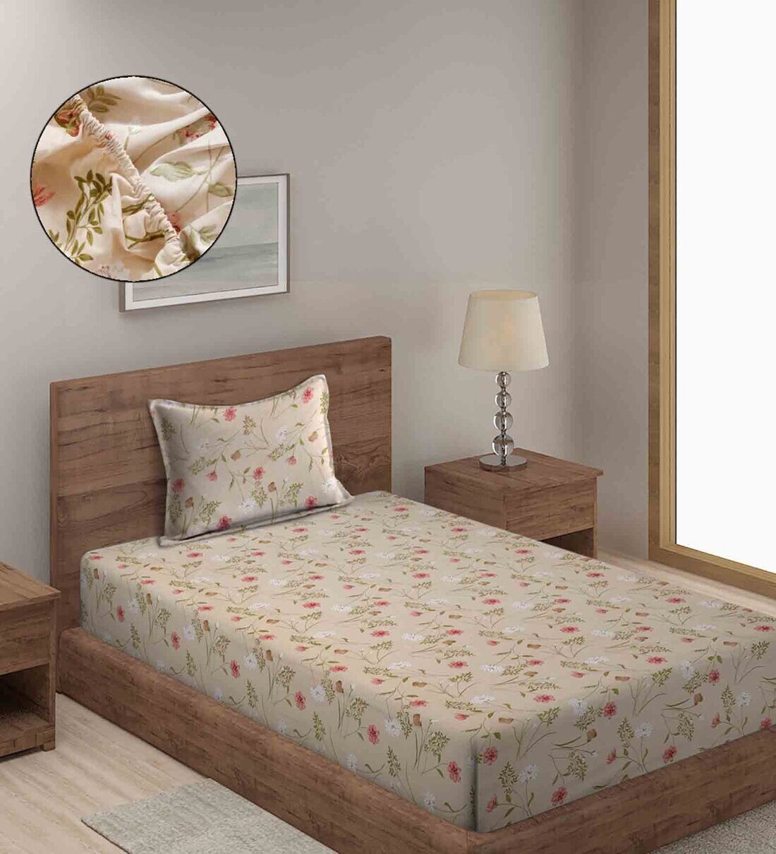 Buy Cream Floral 280 TC Cotton Blend Single Bed Sized Fitted Bed Sheets