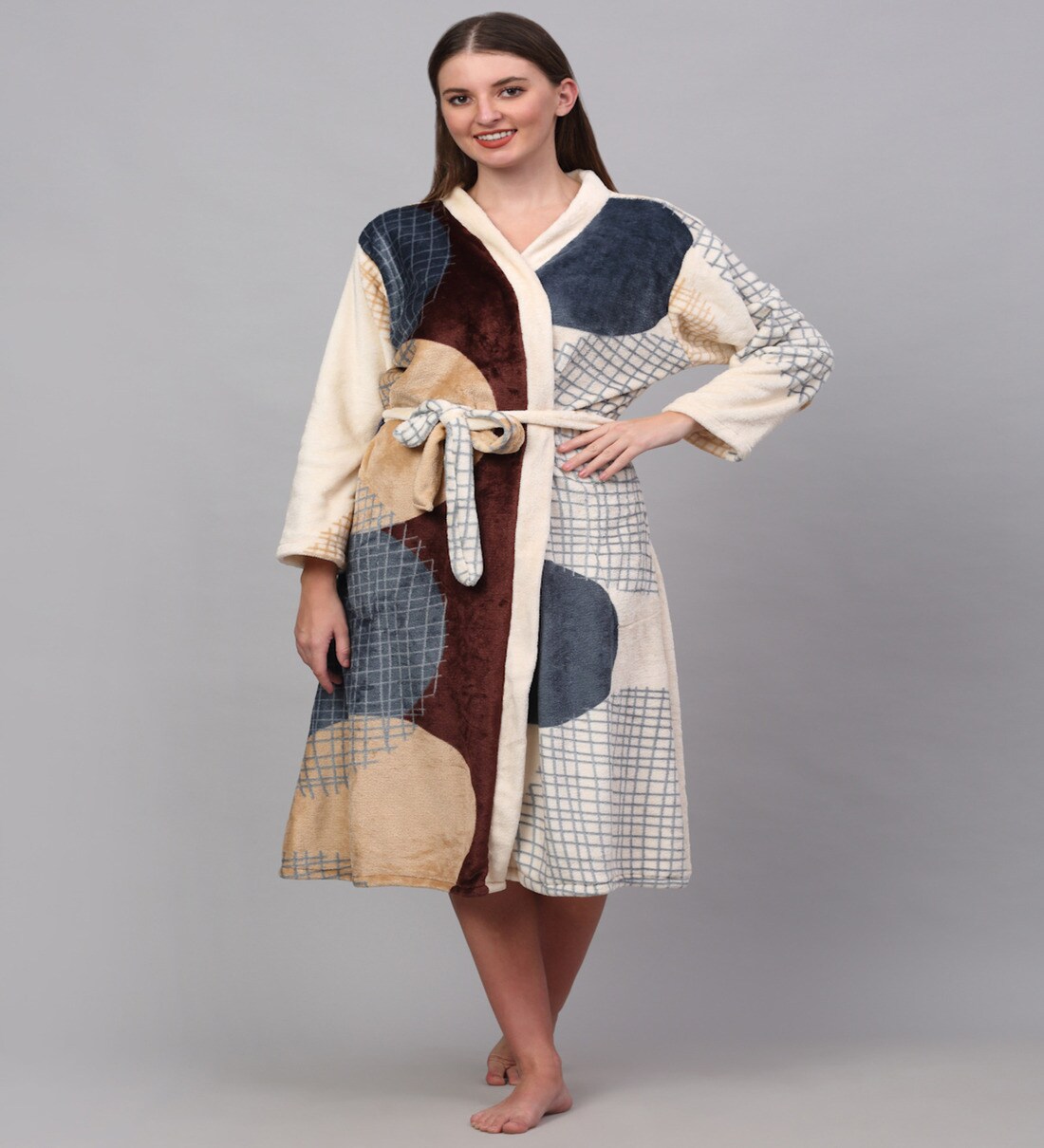 Buy Multicolor Printed Woolen Women Bath Robe With Belt (M) By Klotthe