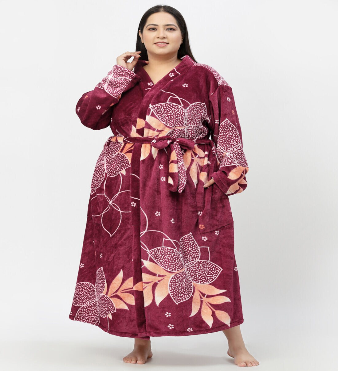 Buy Multicolor Printed Woolen Women Bath Robe With Belt (XXL) By