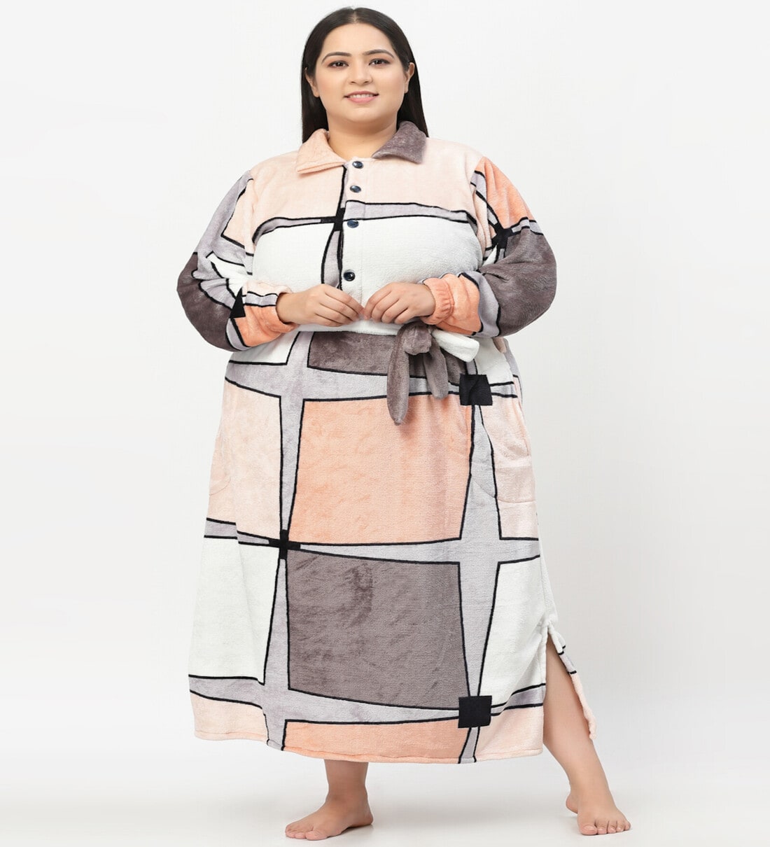 Buy Multicolor Printed Woolen Women Bath Robe With Belt (XXL) By