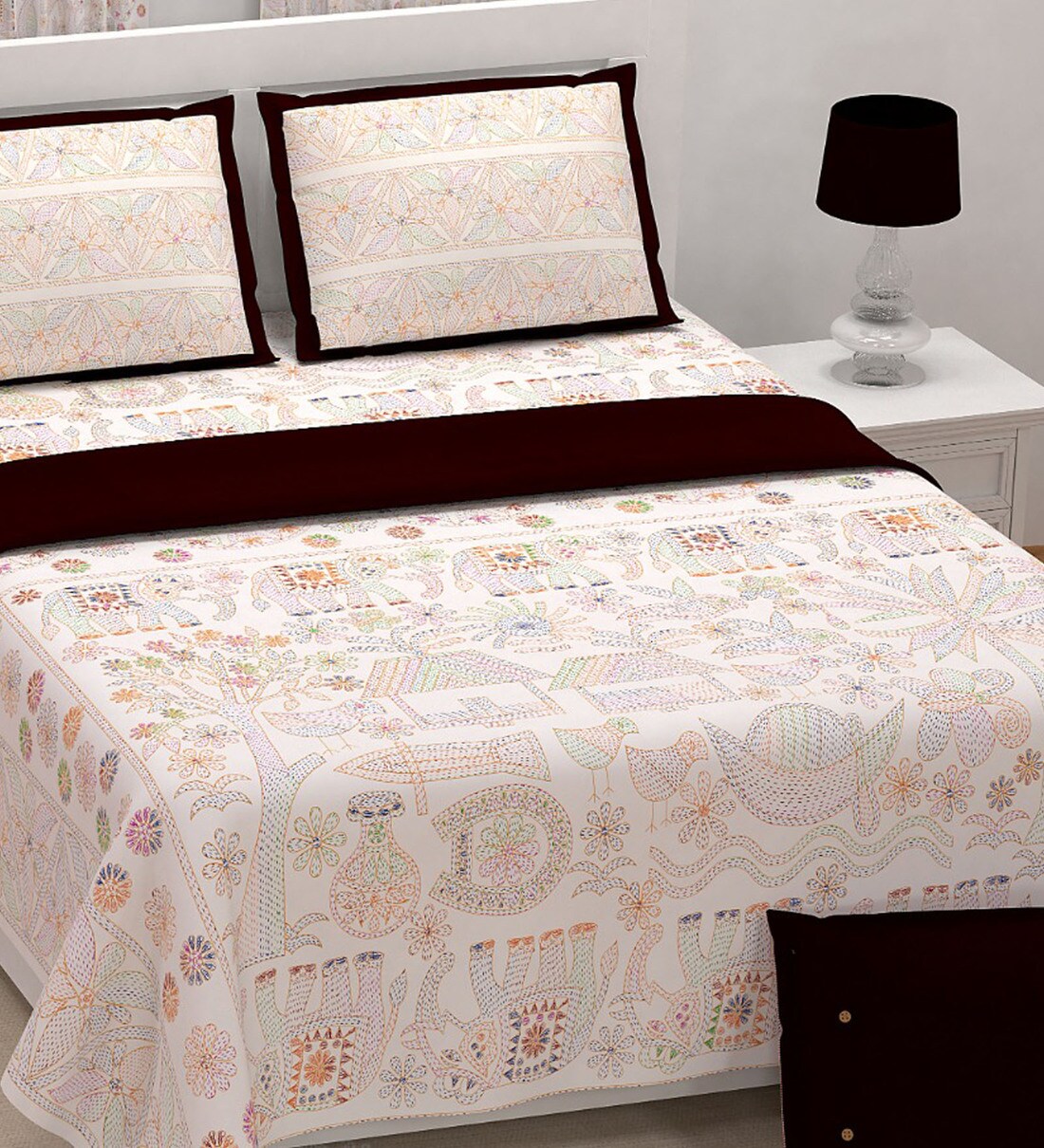 Buy Multicolor Traditional 210 TC Cotton King Sized Bed Sheets with 2