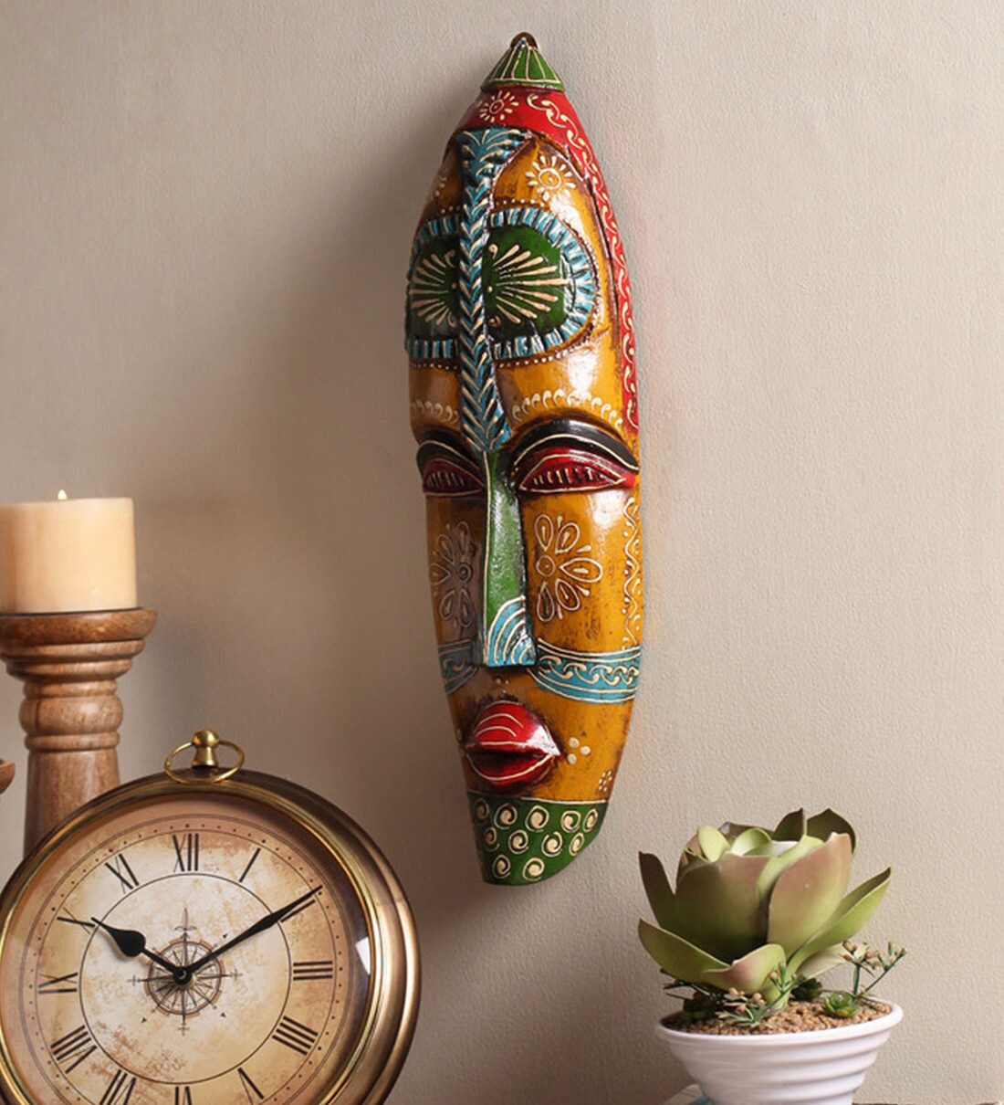 Buy Multicolour Wooden Decorative Wall Mask by Cocovey Online Wall