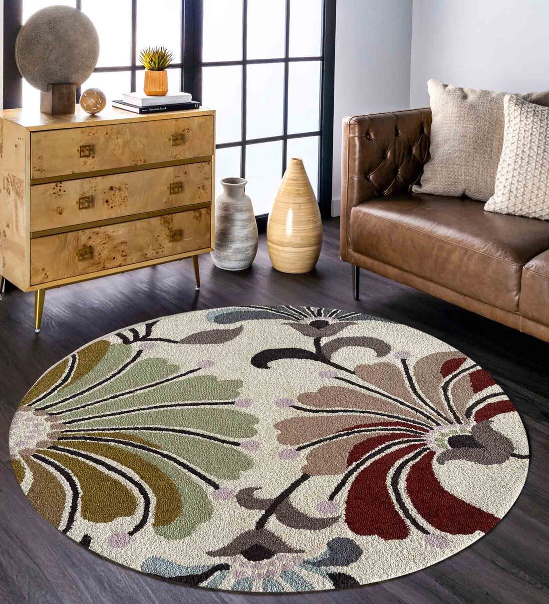 Buy Blue Floral Wool 5 ft x 5 ft Hand Woven Round Carpet by Numan