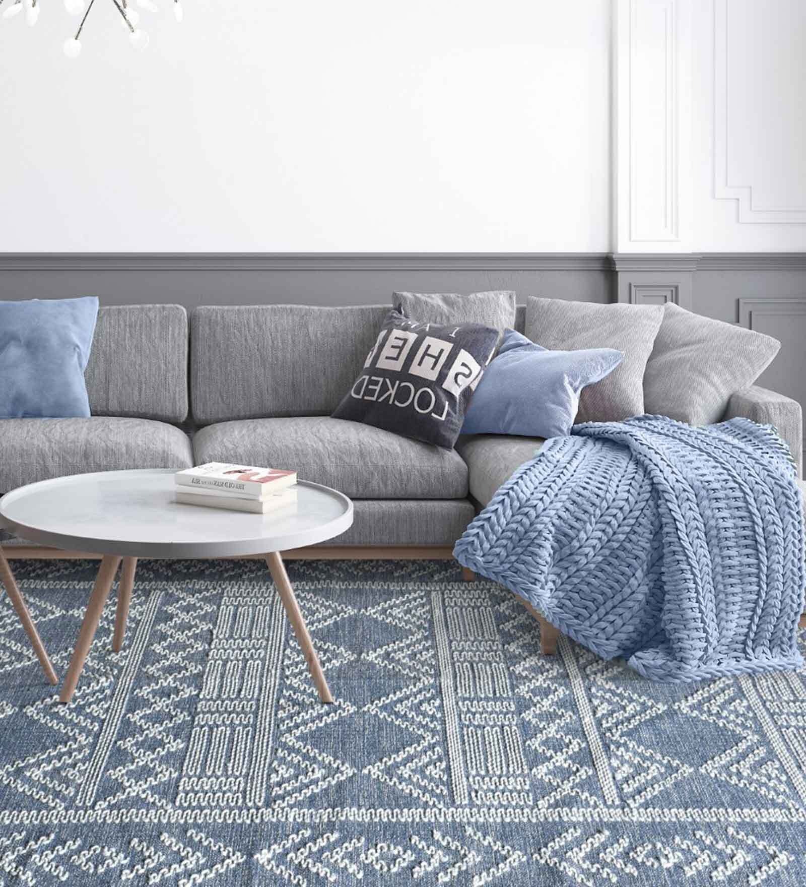 Buy Blue Geometric Wool & Cotton 4 ft x 6 ft Hand Woven Carpet by The