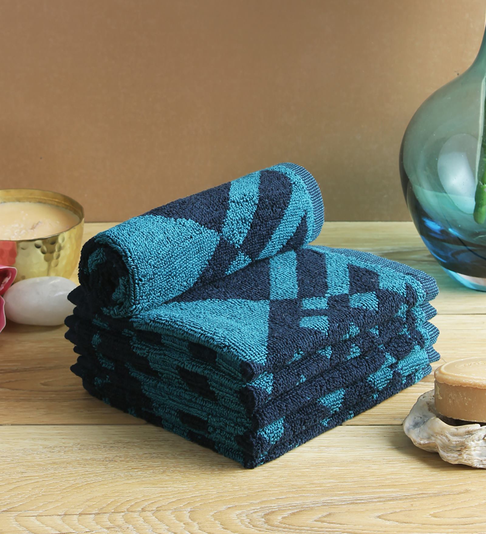 Buy Blue Patterned 500 GSM Cotton Face Towels (Set of 5) by Softweave