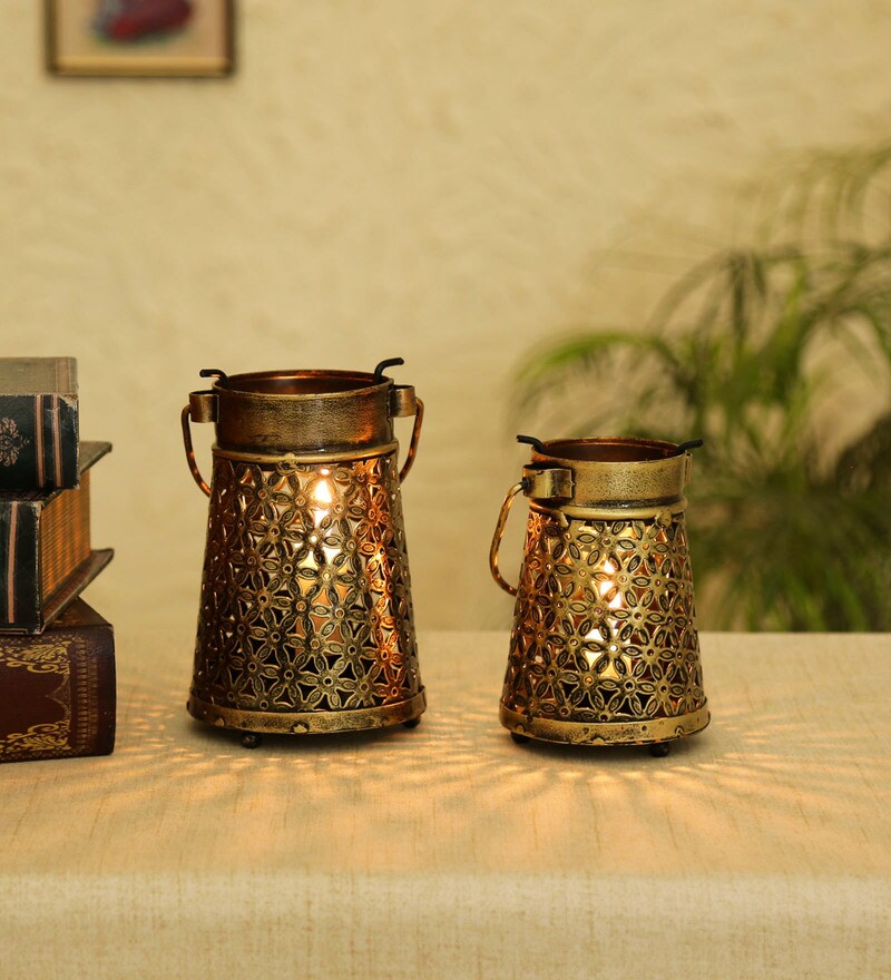 Buy Bronze Iron Glass Decorative Etched Hurricane Pillar Candle