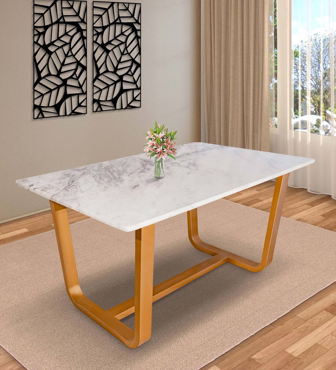 Buy Nalina 6 Seater Marble Top Dining Table in Metallic Gold Finish at