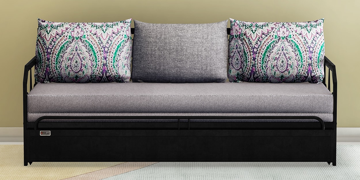 Buy Nairobi Metal PullOut Sofa Cum Bed in Grey Finish with Storage at