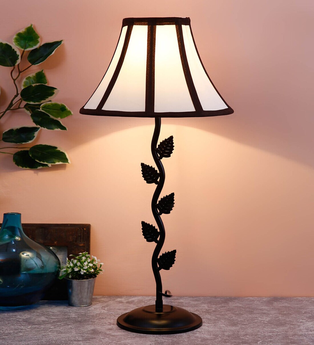 Buy Hobart Multicolour Cottan Fabric Shade Night Lamp With Iron Base By