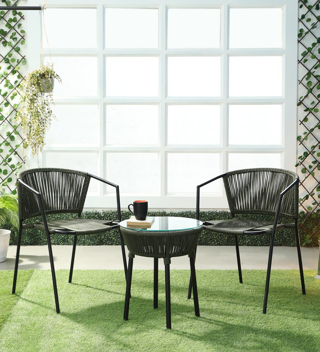 Buy Outdoor Rope Table and Chair Set in Green & Black Colour with 2