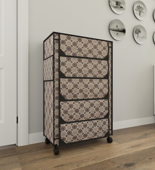 Nexa 15-Pair 5-Tier Shoe Cabinet with Wheels in Floral Print Finish