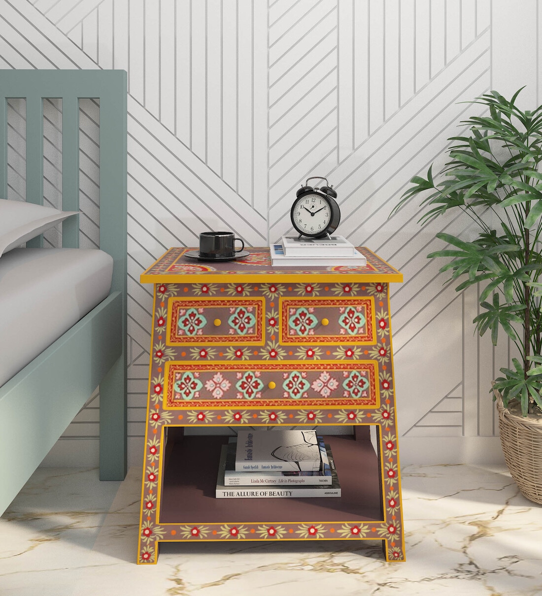 Buy Nimilita Solid Wood Bedside Table In HandPainted Multicolour