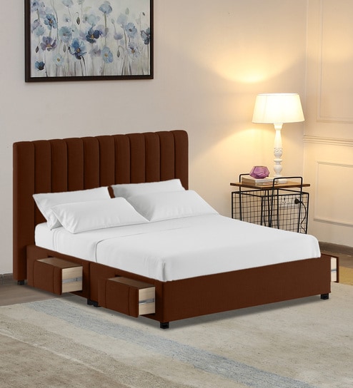 Buy Nivi Fabric Upholstered King Size Bed in Coffee Brown Colour with ...