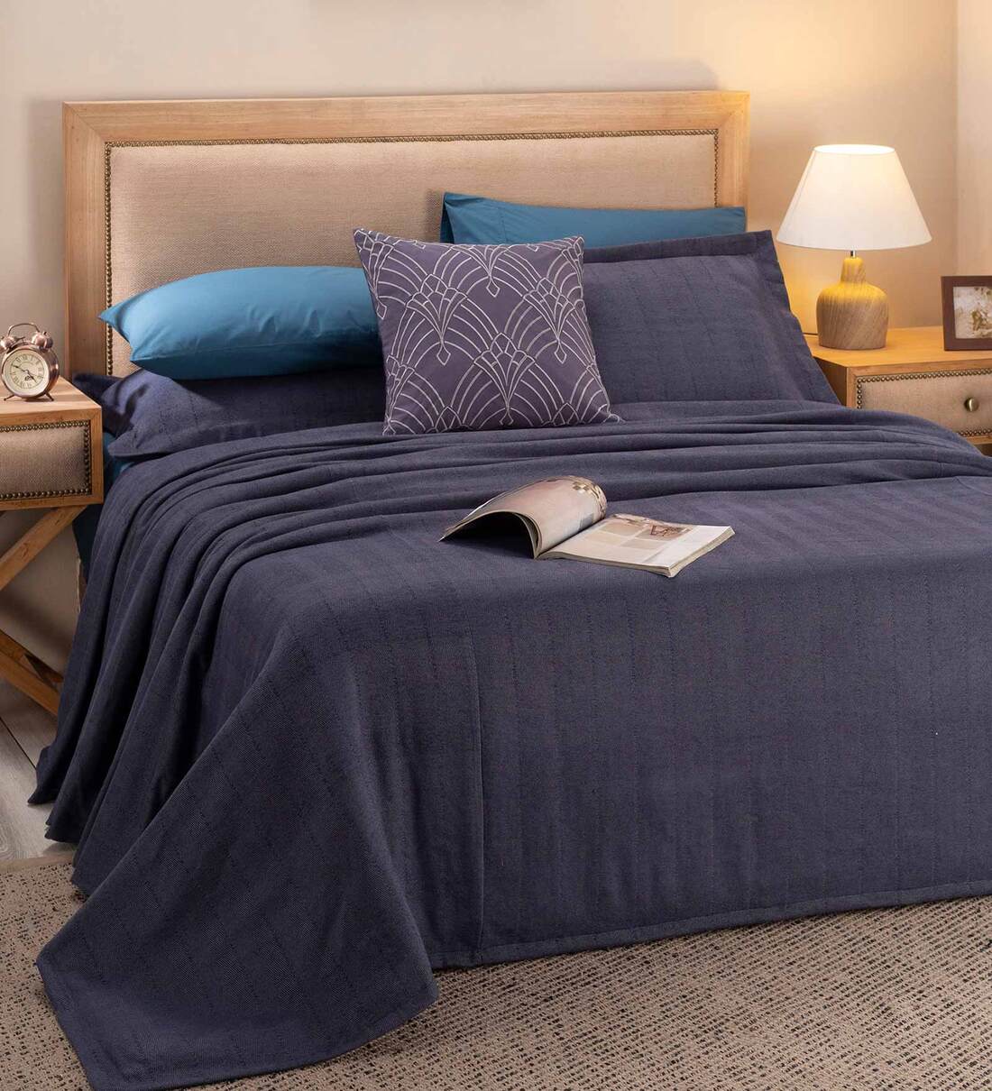 Buy Blue Solid 210 TC Polyester (Set of 8) Double Bed Bedding Sets by