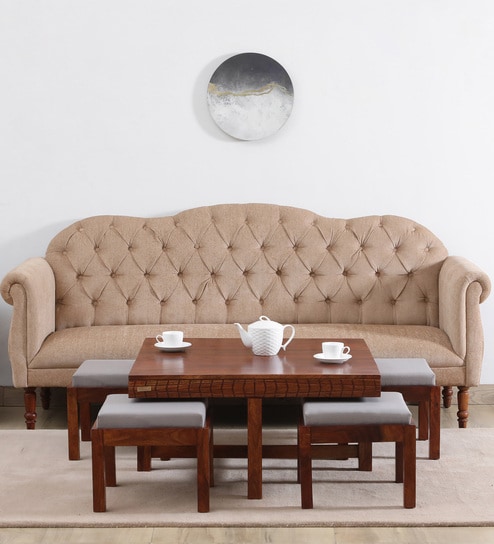 Nuevo Sheesham Wood Nesting Coffee Table Set In Scratch Resistant Honey Oak Finish With Cushioned Stools