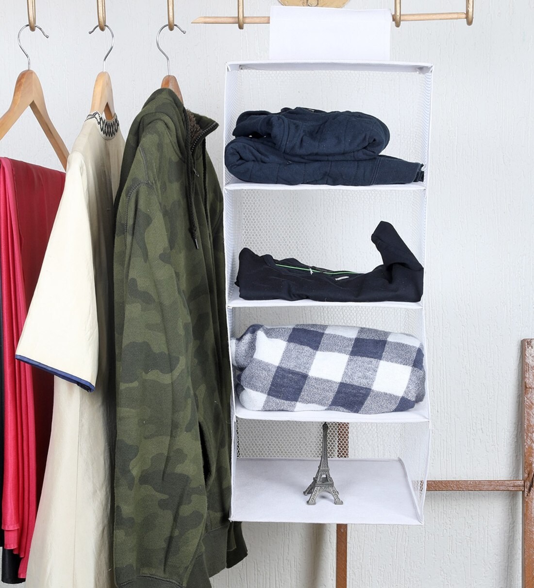 Buy White Solid Nylon Foldable Hanging Cloth Organiser With 4 Shelves