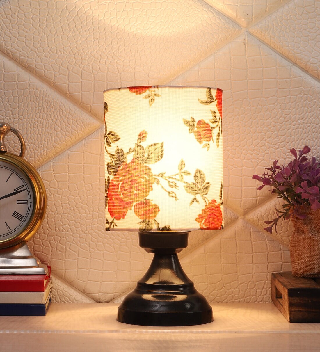 Elona Orange & White Fabric Shade Night Lamp With Metal Base, 