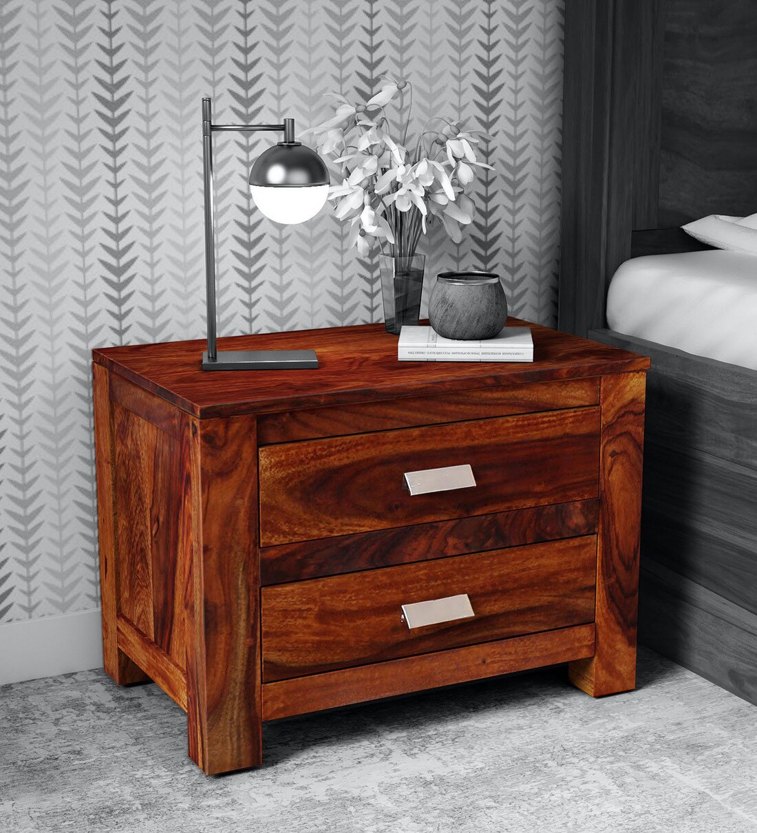 Buy Oriel Sheesham Wood Bedside Chest in Honey oak Finish Online