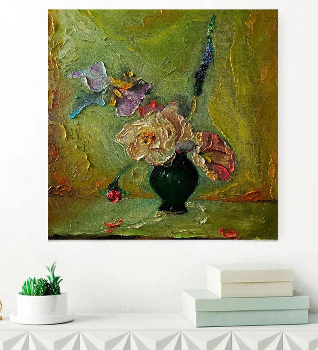 Buy Original Handmade Wilson Flower Pot Oil Paint On Canvas Painting at