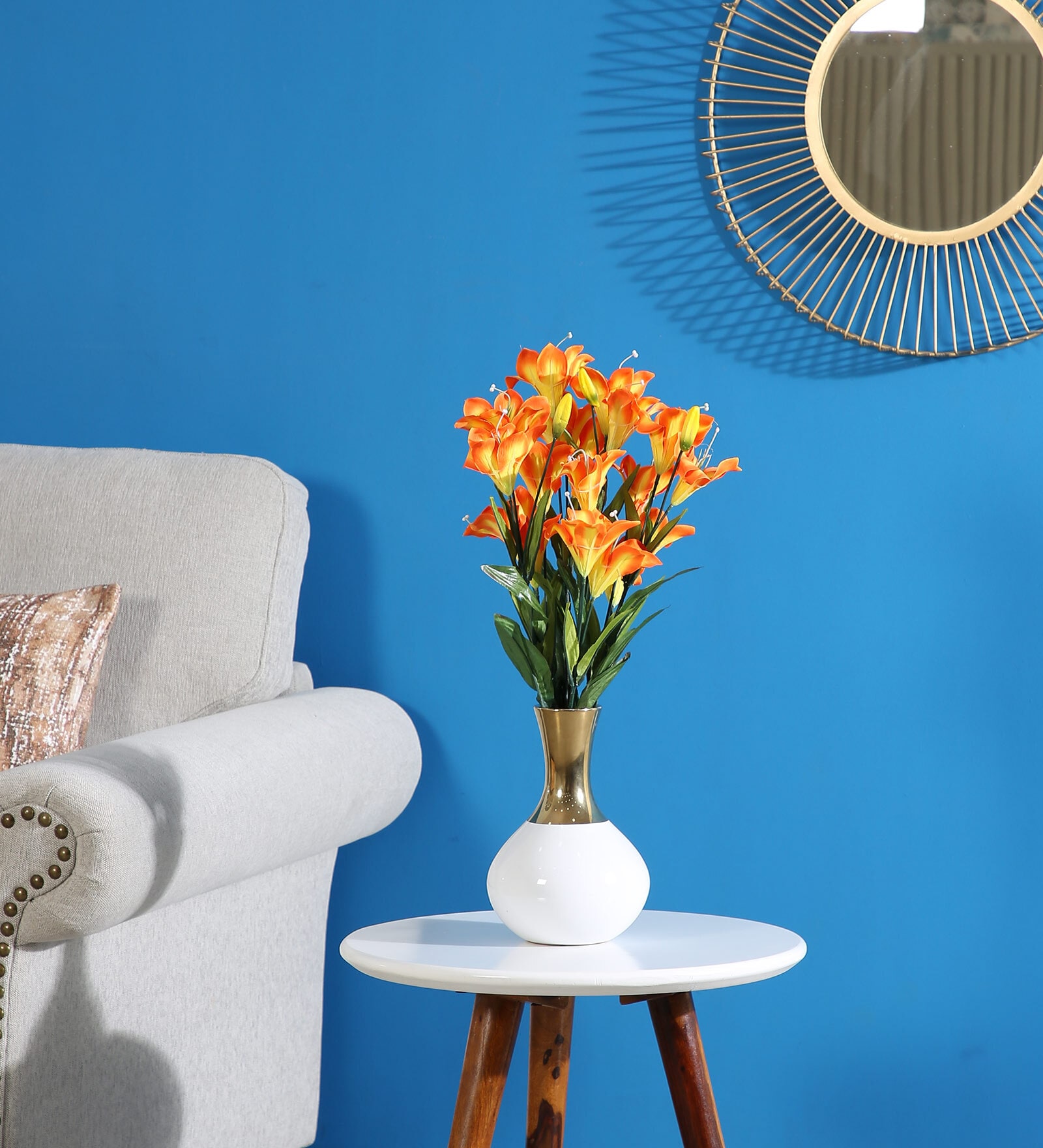 Buy Orange Fabric Artificial Lily Flower Bunch by Fourwalls Online