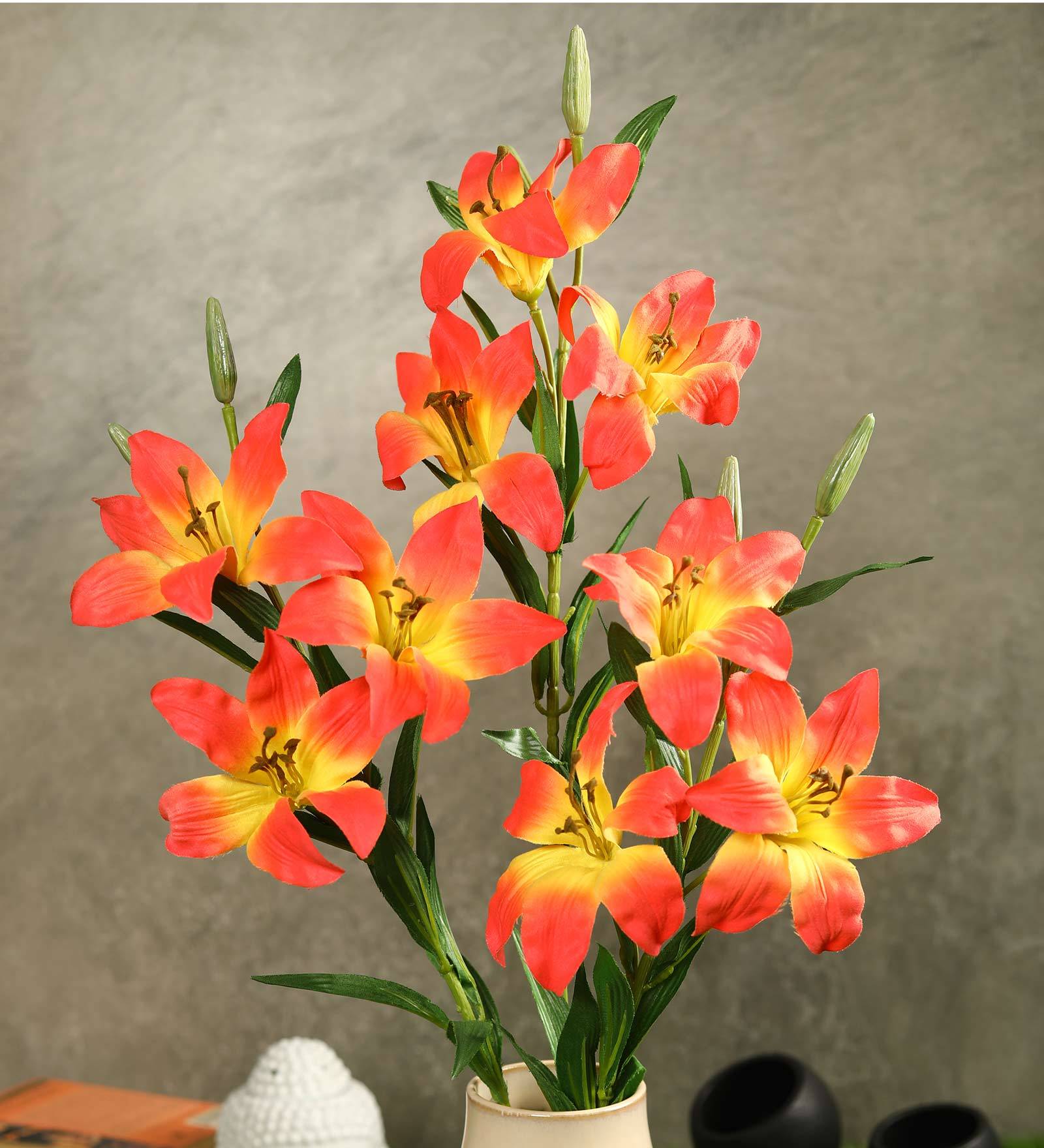 Buy Orange Polyester Fabric Exotic Artificial Lily Flowers, Set of 3 by
