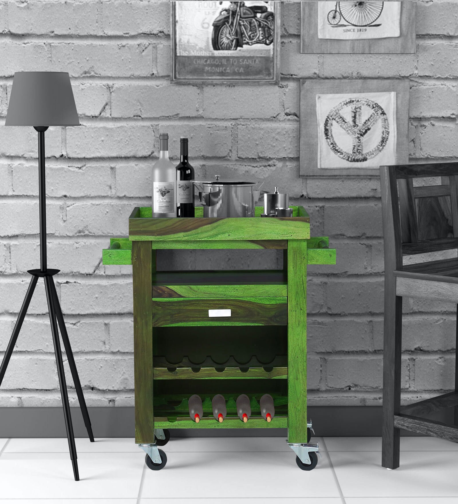 Buy Oriel Sheesham Wood Bar Trolley in Spring Green Finish Online Bar