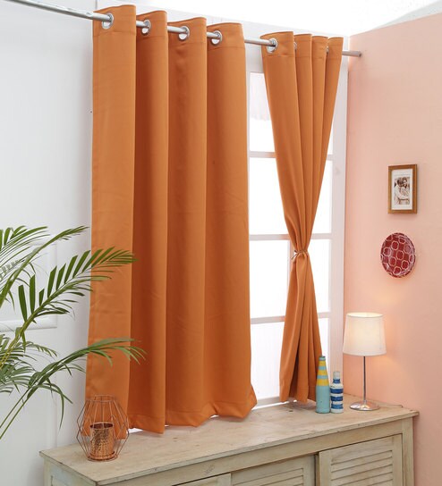 Buy Orange Blackout Polyester 5 Feet Eyelet Window Curtains Set Of