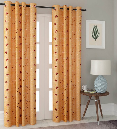 Buy Orange Blackout Polyester 7 Feet Eyelet Door Curtains Set Of 2