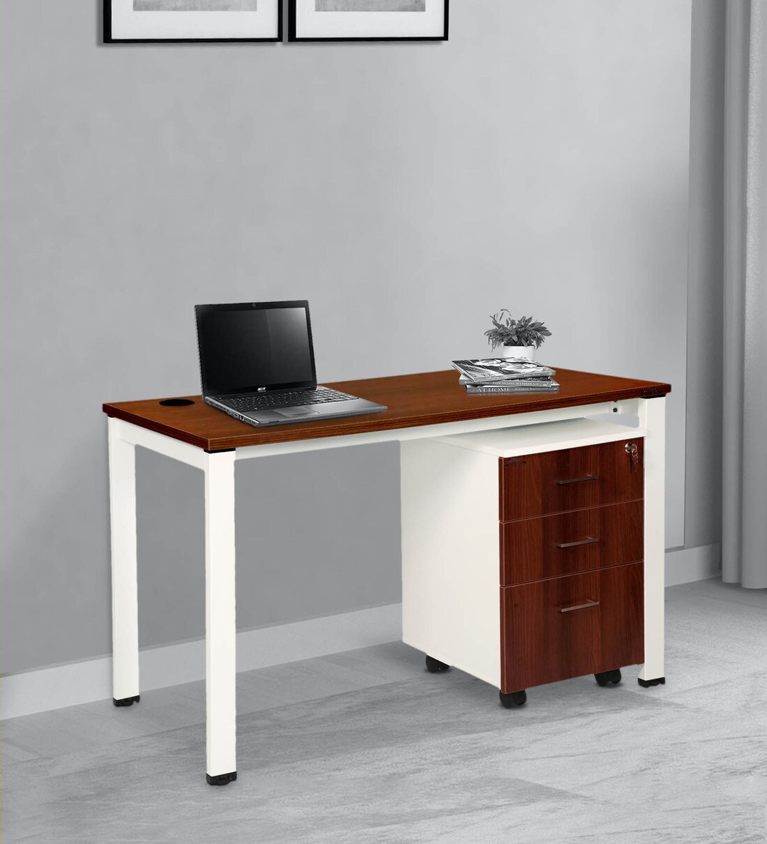 Buy Panama Study Table with Pedestal Facia in Dark Acacia & White